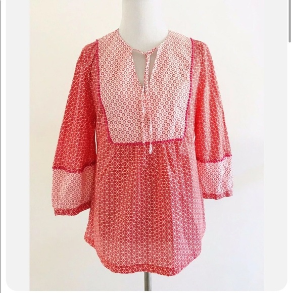 Boden | Gauzy Tie Neck Top Womens Size 6 Red Pullover Boho Star Print Blouse - Picture 4 of 12